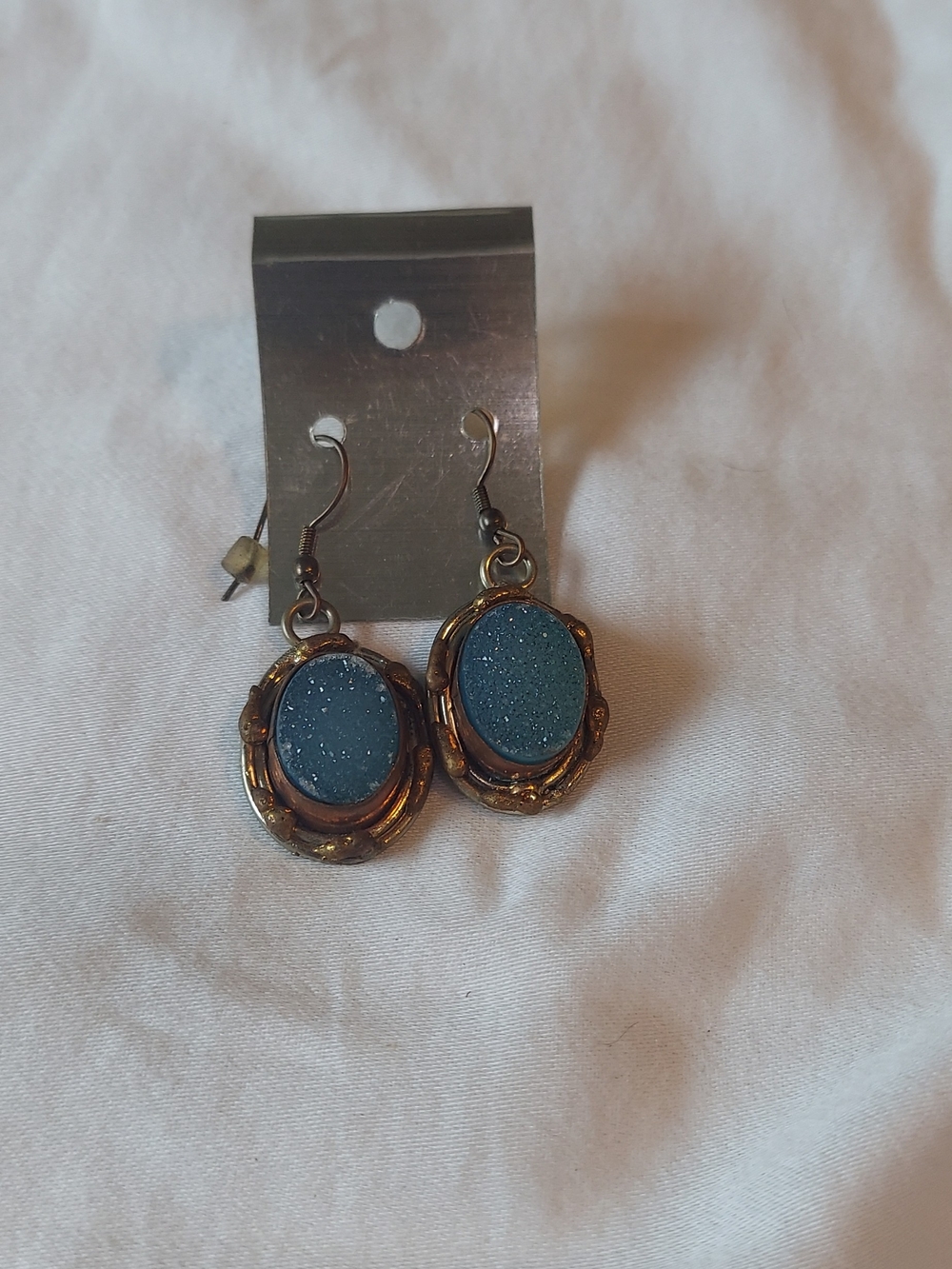 Blue Druzy Oval Drop Earrings with Antique Bronze Setting - Women's Jewelry